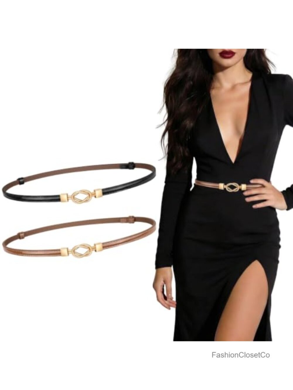Thin PU Leather Skinny Waist Belt with Gold Buckle